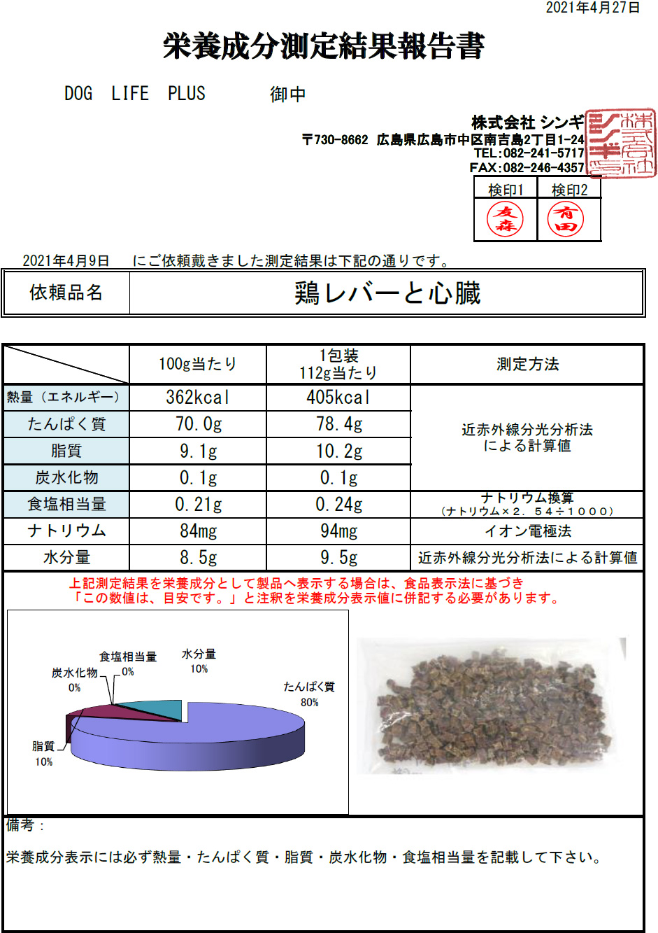 鶏レバーハート　検査結果